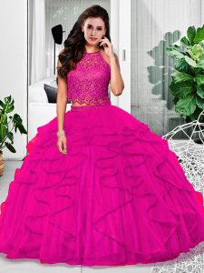 Fuchsia Tulle Zipper Quinceanera Dress Sleeveless Floor Length Lace and Ruffles