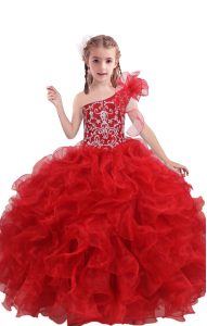 Perfect Floor Length Lace Up Pageant Dress for Teens Red for Quinceanera and Wedding Party with Beading and Ruffles