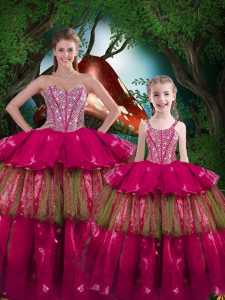 Flirting Fuchsia Sweetheart Lace Up Beading and Ruffled Layers Sweet 16 Dress Sleeveless