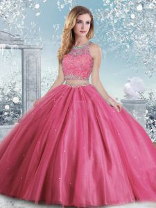 Hot Pink Ball Gowns Beading and Sequins Sweet 16 Quinceanera Dress Clasp Handle Tulle Sleeveless Floor Length