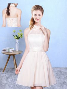 Glamorous Champagne Chiffon Lace Up High-neck Sleeveless Knee Length Dama Dress Lace