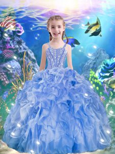 Light Blue Sleeveless Floor Length Beading and Ruffles Lace Up Little Girls Pageant Gowns