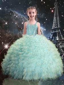 Aqua Blue Sleeveless Beading and Ruffles Floor Length Pageant Dresses