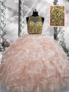 Peach Scoop Zipper Beading and Ruffles Quinceanera Dresses Sleeveless