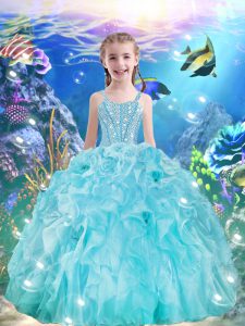 Aqua Blue Lace Up Straps Beading and Ruffles Glitz Pageant Dress Organza Sleeveless