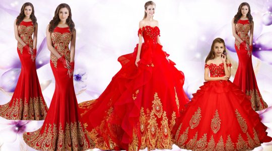 Red Sweetheart Lace Up Beading and Appliques and Embroidery 15th Birthday Dress Brush Train Sleeveless