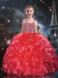 Fantastic Coral Red Ball Gowns Straps Sleeveless Organza Floor Length Lace Up Beading and Ruffles Child Pageant Dress