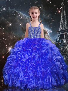 Straps Sleeveless Lace Up Kids Formal Wear Royal Blue Organza