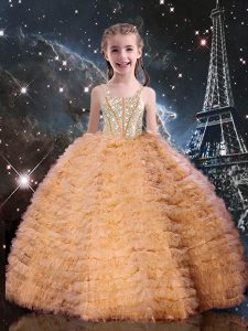 Straps Sleeveless Tulle Little Girls Pageant Gowns Beading and Ruffled Layers Lace Up