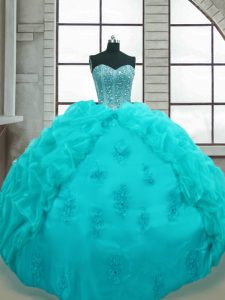 Affordable Sweetheart Sleeveless Vestidos de Quinceanera Floor Length Beading and Appliques and Pick Ups Aqua Blue Organza