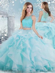 New Arrival Aqua Blue Scoop Clasp Handle Beading and Ruffles Vestidos de Quinceanera Sleeveless