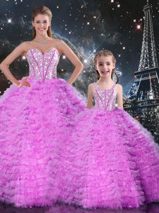 Fuchsia Sweetheart Neckline Beading and Ruffles Sweet 16 Quinceanera Dress Sleeveless Lace Up