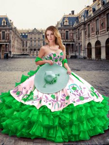 Green 15 Quinceanera Dress Military Ball and Sweet 16 and Quinceanera with Embroidery and Ruffled Layers Sweetheart Sleeveless Lace Up