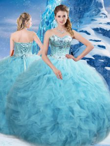 Sleeveless Floor Length Beading and Pick Ups Lace Up 15th Birthday Dress with Aqua Blue