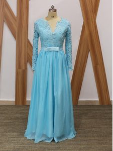 Floor Length Baby Blue Mother of Bride Dresses V-neck Long Sleeves Backless