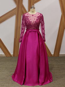 Deluxe Floor Length Fuchsia Mother Dresses One Shoulder Long Sleeves Zipper