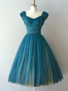 Nice Knee Length Teal Quinceanera Court of Honor Dress V-neck Cap Sleeves Zipper