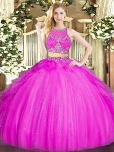 High End Floor Length Fuchsia Quinceanera Dress Scoop Sleeveless Zipper