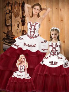 Excellent Sweep Train Ball Gowns Sweet 16 Dress Wine Red Strapless Organza Sleeveless Lace Up