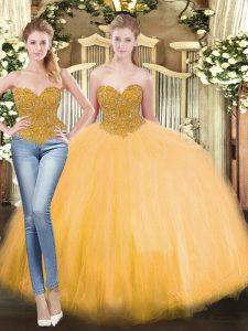 Floor Length Lace Up Sweet 16 Dresses Gold for Military Ball and Sweet 16 and Quinceanera with Beading