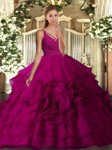 Best Floor Length Fuchsia Quinceanera Gowns V-neck Sleeveless Backless