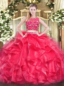 Floor Length Red 15 Quinceanera Dress Scoop Sleeveless Zipper