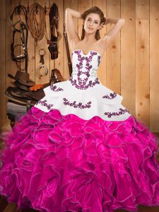 Fuchsia Ball Gowns Strapless Sleeveless Satin and Organza Floor Length Lace Up Embroidery and Ruffles Quinceanera Dresses