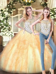 Gold Scoop Zipper Beading and Ruffles Sweet 16 Quinceanera Dress Sleeveless