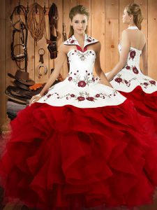 Enchanting Wine Red Ball Gowns Tulle Halter Top Sleeveless Embroidery and Ruffles Floor Length Lace Up Quinceanera Dress