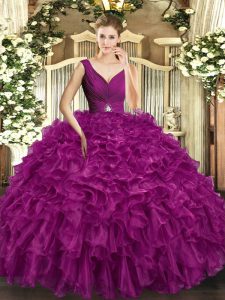 Latest Fuchsia V-neck Neckline Beading and Ruffles Quinceanera Dress Sleeveless Backless