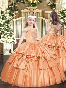 Discount Off The Shoulder Sleeveless Lace Up Child Pageant Dress Orange Organza