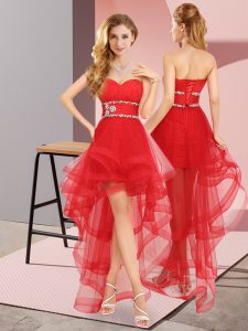 Red A-line Sweetheart Sleeveless Tulle High Low Lace Up Beading Vestidos de Damas