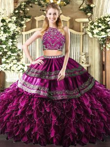 Gorgeous Floor Length Fuchsia Quinceanera Dress High-neck Sleeveless Zipper