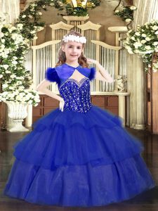 Straps Sleeveless Organza Child Pageant Dress Beading and Ruffled Layers Lace Up