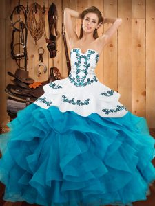 Nice Teal Sweet 16 Dresses Military Ball and Sweet 16 and Quinceanera with Embroidery and Ruffles Strapless Sleeveless Lace Up