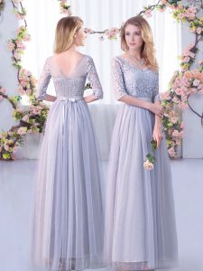 Colorful V-neck Half Sleeves Dama Dress Floor Length Lace and Belt Grey Tulle