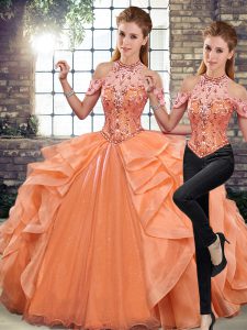 Sleeveless Floor Length Beading and Ruffles Lace Up Quinceanera Dresses with Orange