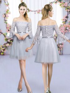 Mini Length Empire 3 4 Length Sleeve Grey Dama Dress for Quinceanera Lace Up