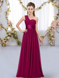 High Class One Shoulder Sleeveless Court Dresses for Sweet 16 Floor Length Belt Fuchsia Chiffon