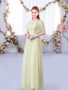 Custom Design Yellow Green Empire Scoop Short Sleeves Tulle Floor Length Side Zipper Lace and Belt Dama Dress