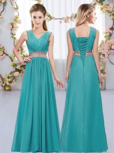 Custom Fit Floor Length Teal Quinceanera Dama Dress Chiffon Sleeveless Beading and Belt