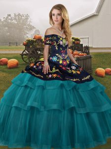 Off The Shoulder Sleeveless Brush Train Lace Up Sweet 16 Dress Teal Tulle