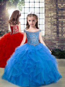 Blue Sleeveless Tulle Lace Up Pageant Gowns For Girls for Party and Wedding Party