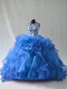 Blue Ball Gowns Organza Scoop Sleeveless Beading and Ruffles Floor Length Lace Up Quinceanera Dresses