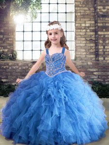 Blue Ball Gowns Tulle Straps Sleeveless Beading and Ruffles Floor Length Lace Up Girls Pageant Dresses