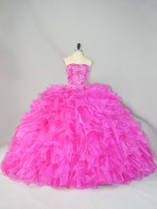 Discount Lace Up Ball Gown Prom Dress Hot Pink for Sweet 16 and Quinceanera with Beading and Ruffles Court Train