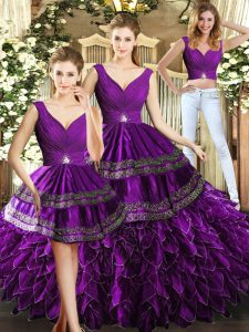 Wonderful Organza Sleeveless Floor Length Vestidos de Quinceanera and Beading and Embroidery and Ruffles