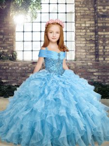 Blue Lace Up Straps Beading and Ruffles Glitz Pageant Dress Organza Sleeveless