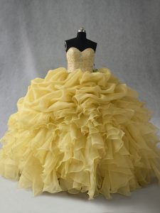 Yellow Lace Up Quince Ball Gowns Beading and Ruffles Sleeveless Floor Length