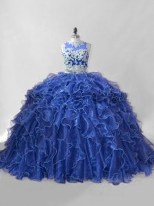 Sleeveless Brush Train Zipper Beading and Ruffles Sweet 16 Quinceanera Dress